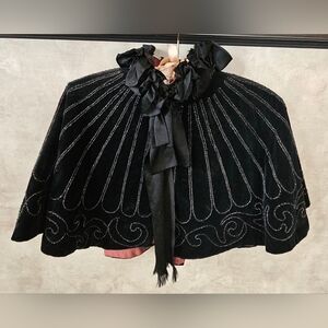 Vintage Black Velvet Embroidered Cape with Bow